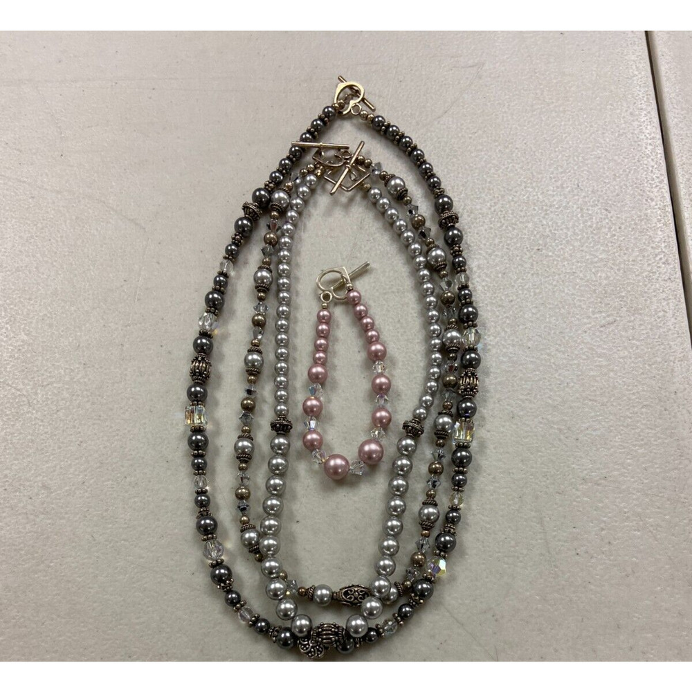Mixed Lot Of 4 Faux Champagne Gray & Black Pearl Necklace Bracelet With Crystals
